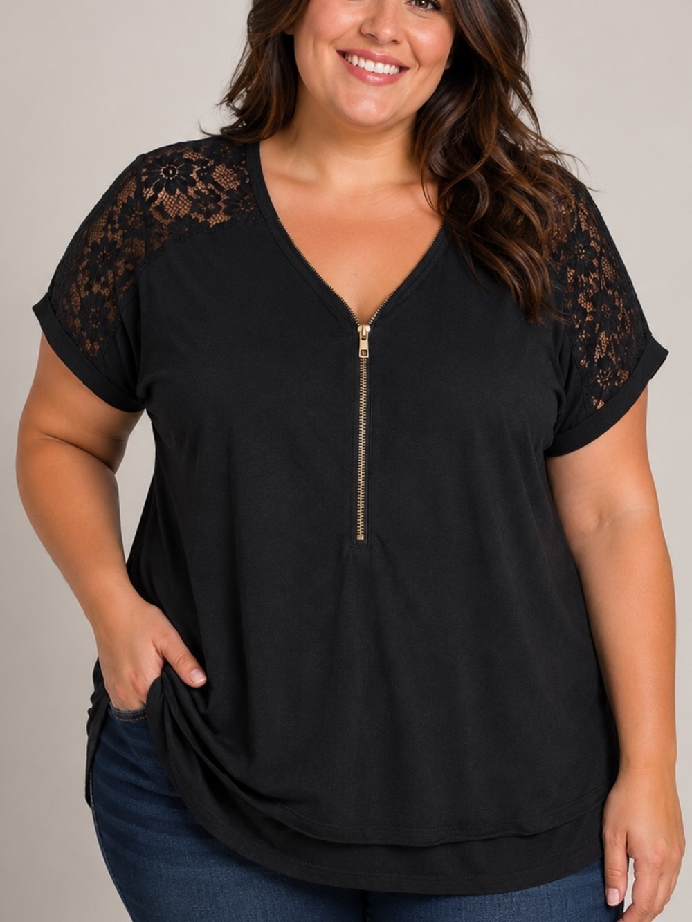 Forever 21 Black Lace Shoulder Zip Front Top SIZE 1X